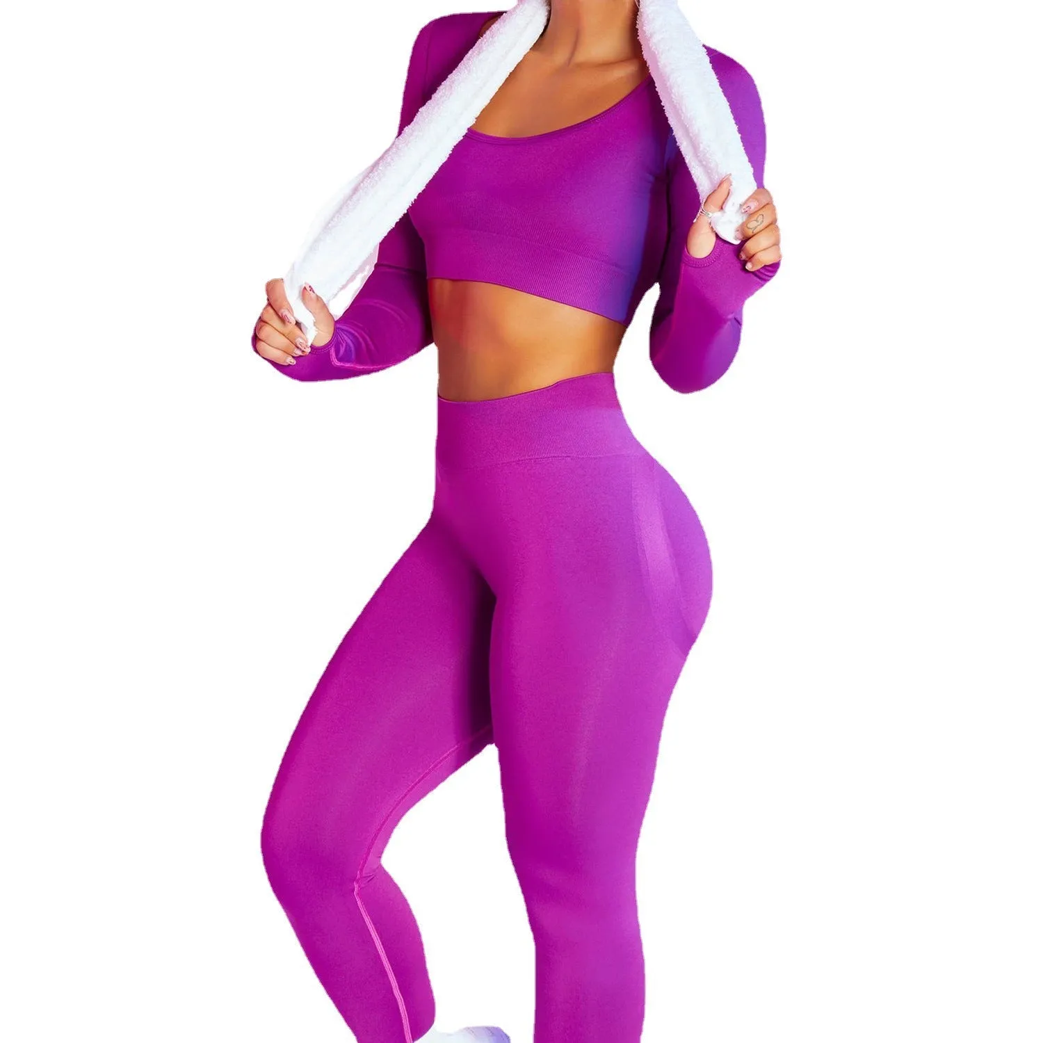 2 Piece Gym Fitness High Waist Running Sportswear Sports Long Sleeve Leggings Suit Seamless Yoga Wear