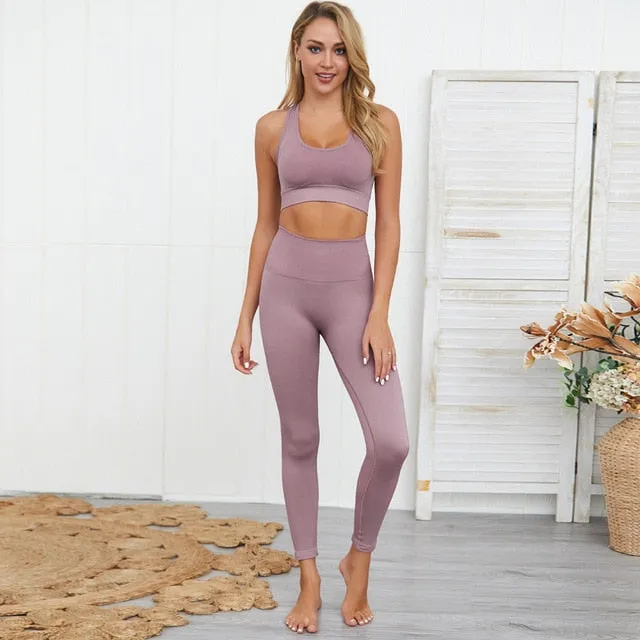 2 Piece Yoga Gym Fitness Pants Sportswear Leggings Padded Push-up Seamless Sports Athletic Bra Set