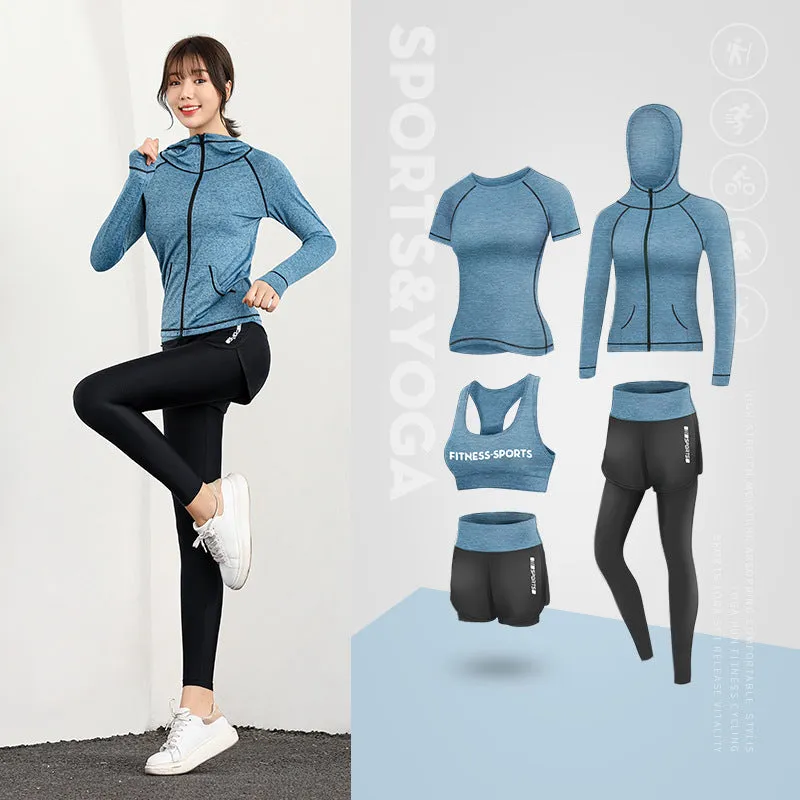 5 Piece Ladies Jogging Sets Sports Suit Yoga Wear Gym Fitness Outdoor Running Training Workout Quick Dry Set