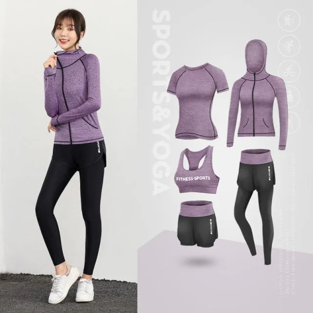 5 Piece Ladies Jogging Sets Sports Suit Yoga Wear Gym Fitness Outdoor Running Training Workout Quick Dry Set