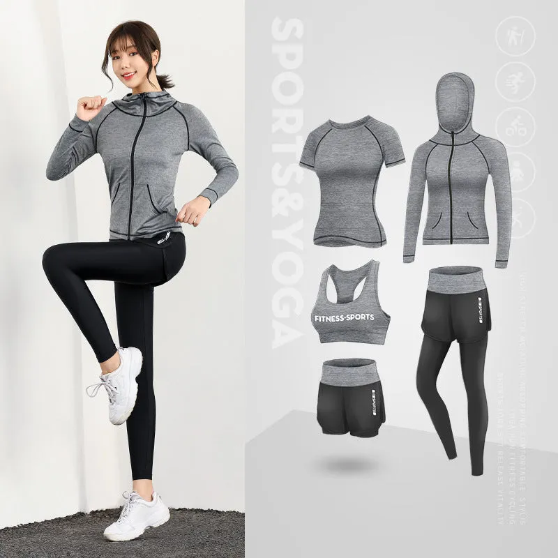 5 Piece Ladies Jogging Sets Sports Suit Yoga Wear Gym Fitness Outdoor Running Training Workout Quick Dry Set