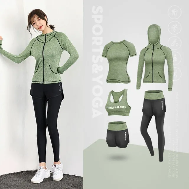 5 Piece Ladies Jogging Sets Sports Suit Yoga Wear Gym Fitness Outdoor Running Training Workout Quick Dry Set