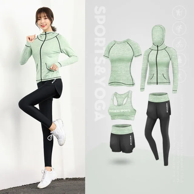 5 Piece Ladies Jogging Sets Sports Suit Yoga Wear Gym Fitness Outdoor Running Training Workout Quick Dry Set