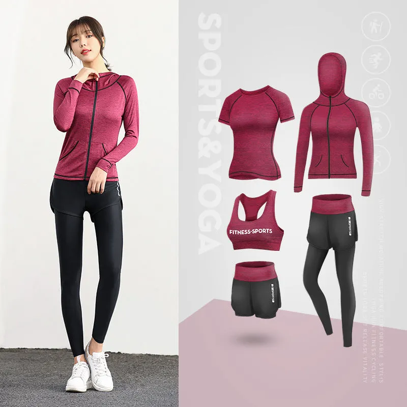 5 Piece Ladies Jogging Sets Sports Suit Yoga Wear Gym Fitness Outdoor Running Training Workout Quick Dry Set