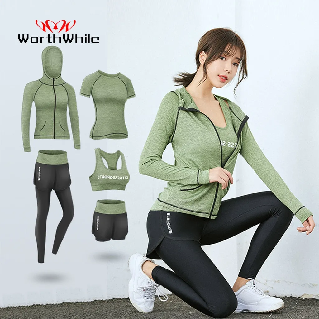 5 Piece Ladies Jogging Sets Sports Suit Yoga Wear Gym Fitness Outdoor Running Training Workout Quick Dry Set