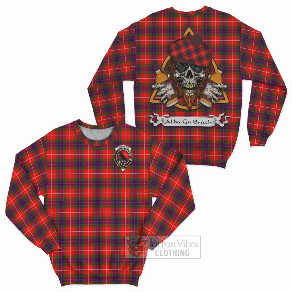 Abernethy Tartan Sweatshirt with Family Crest and Bearded Skull Holding Bottles of Whiskey