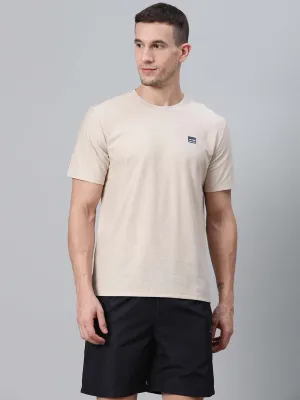 Alcis Men Beige Solid Round Neck T-shirt