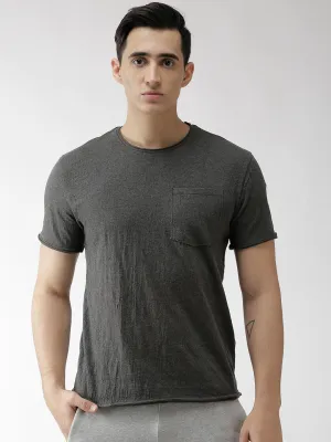 Alcis Men Charcoal Grey Solid Round Neck Yoga T-shirt