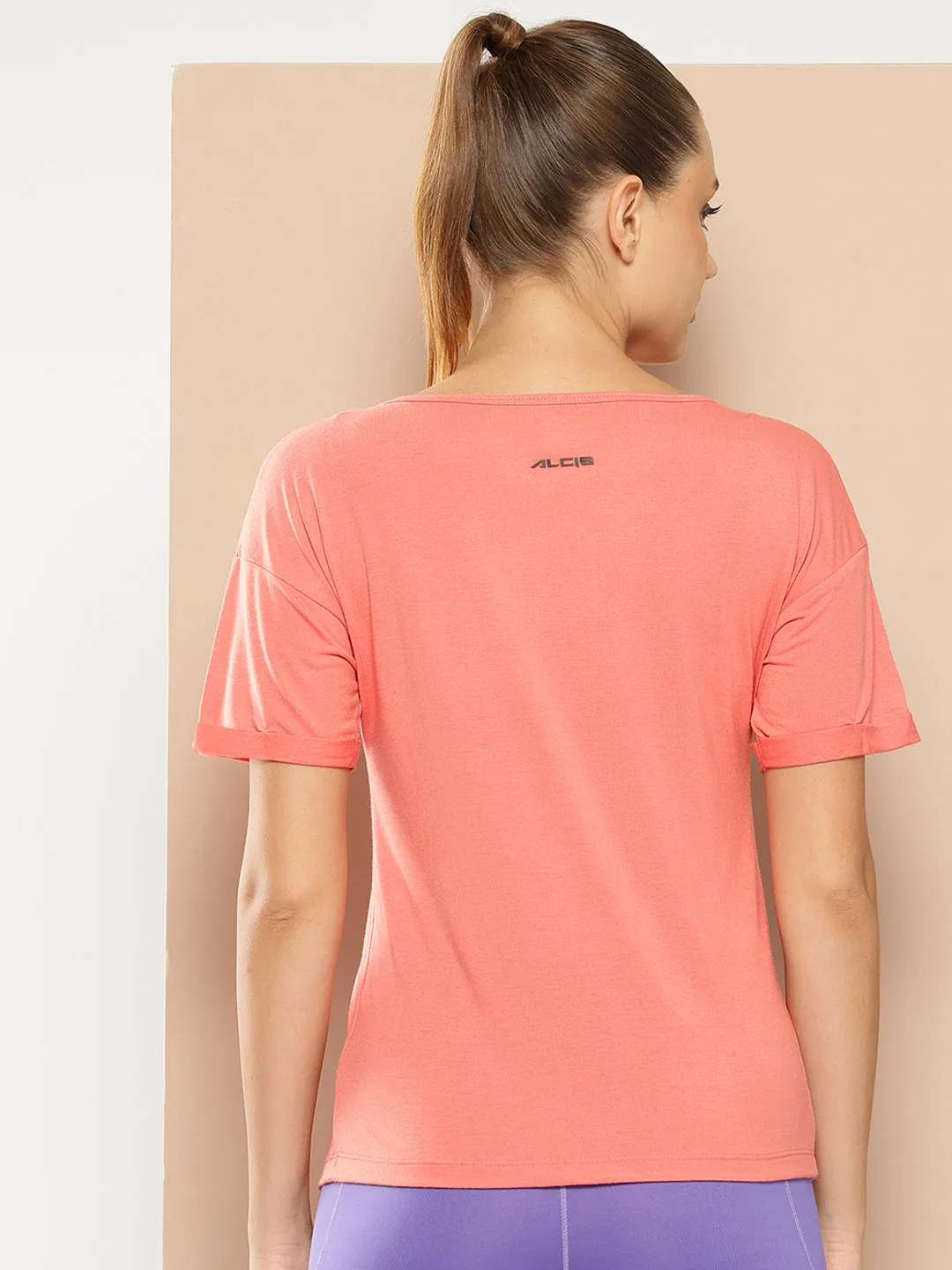 Alcis Women Peach-Coloured Printed Round Neck T-shirt