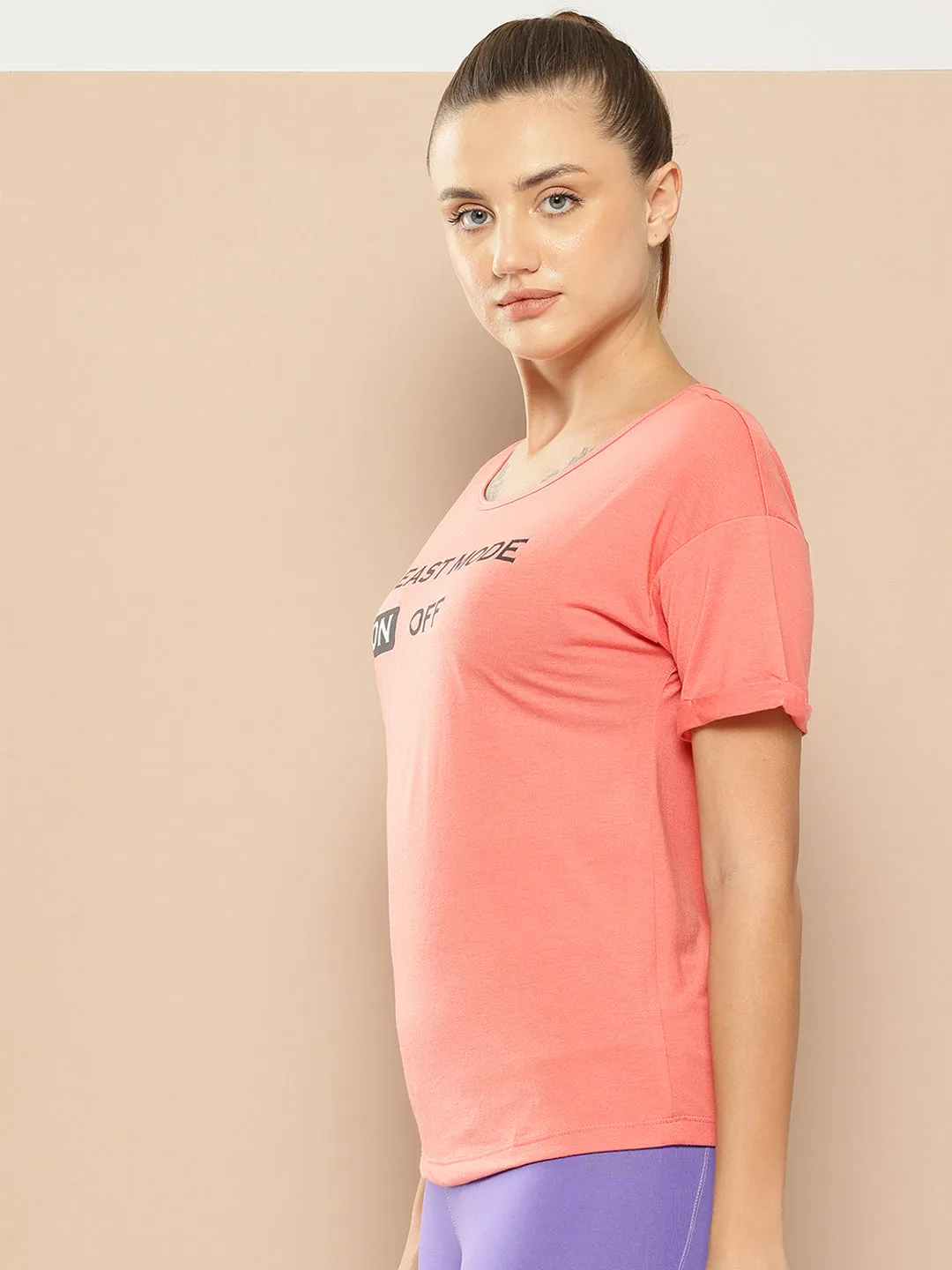 Alcis Women Peach-Coloured Printed Round Neck T-shirt