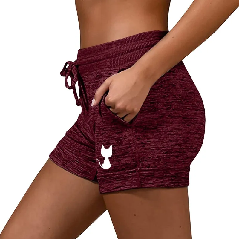 Back View Cat Printed Elastic Casual Sports shorts for Women