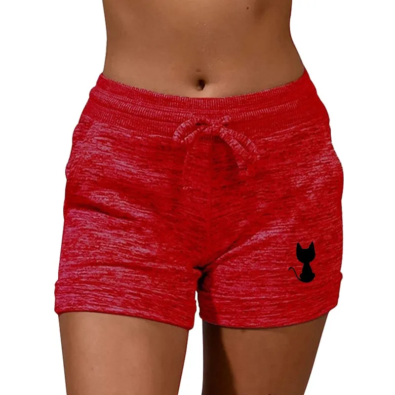 Back View Cat Printed Elastic Casual Sports shorts for Women