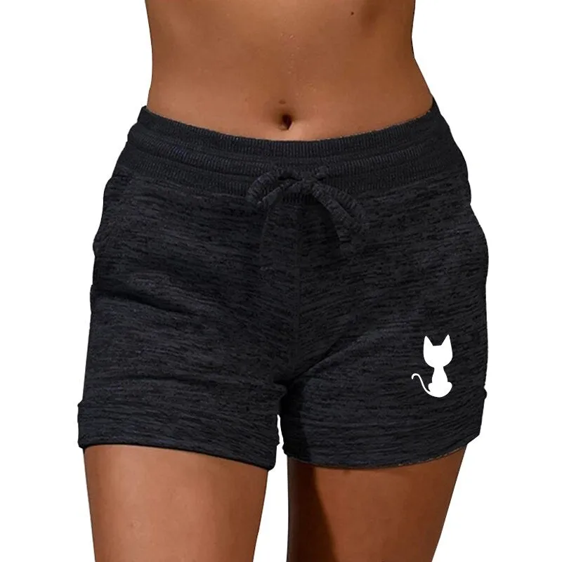 Back View Cat Printed Elastic Casual Sports shorts for Women