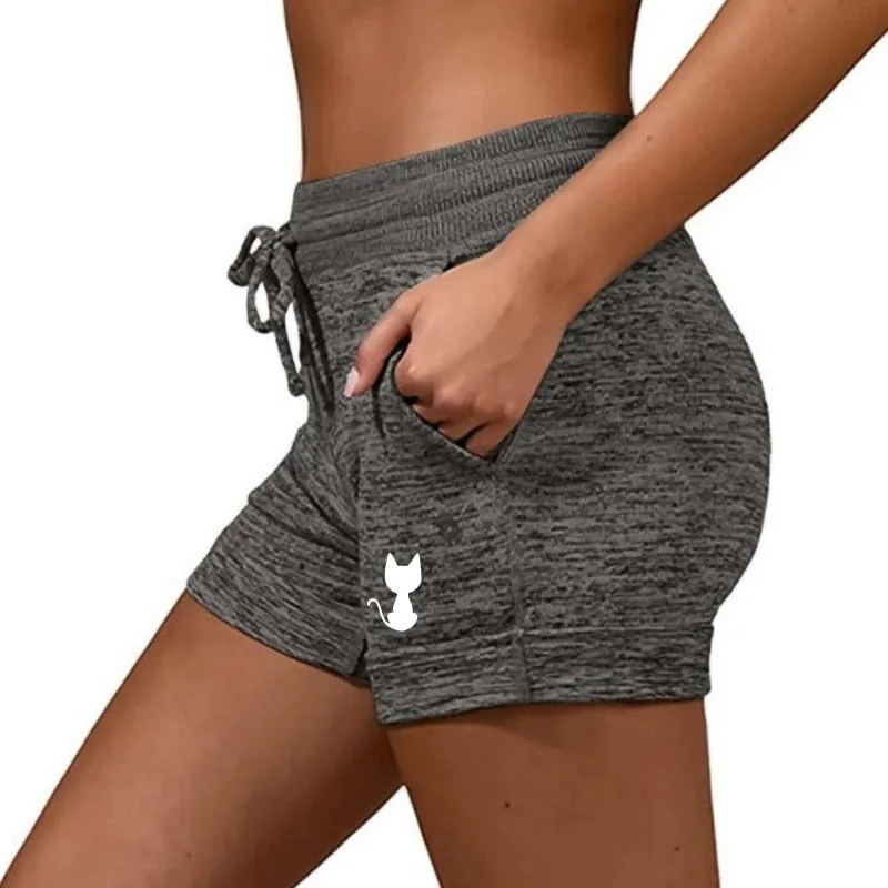 Back View Cat Printed Elastic Casual Sports shorts for Women