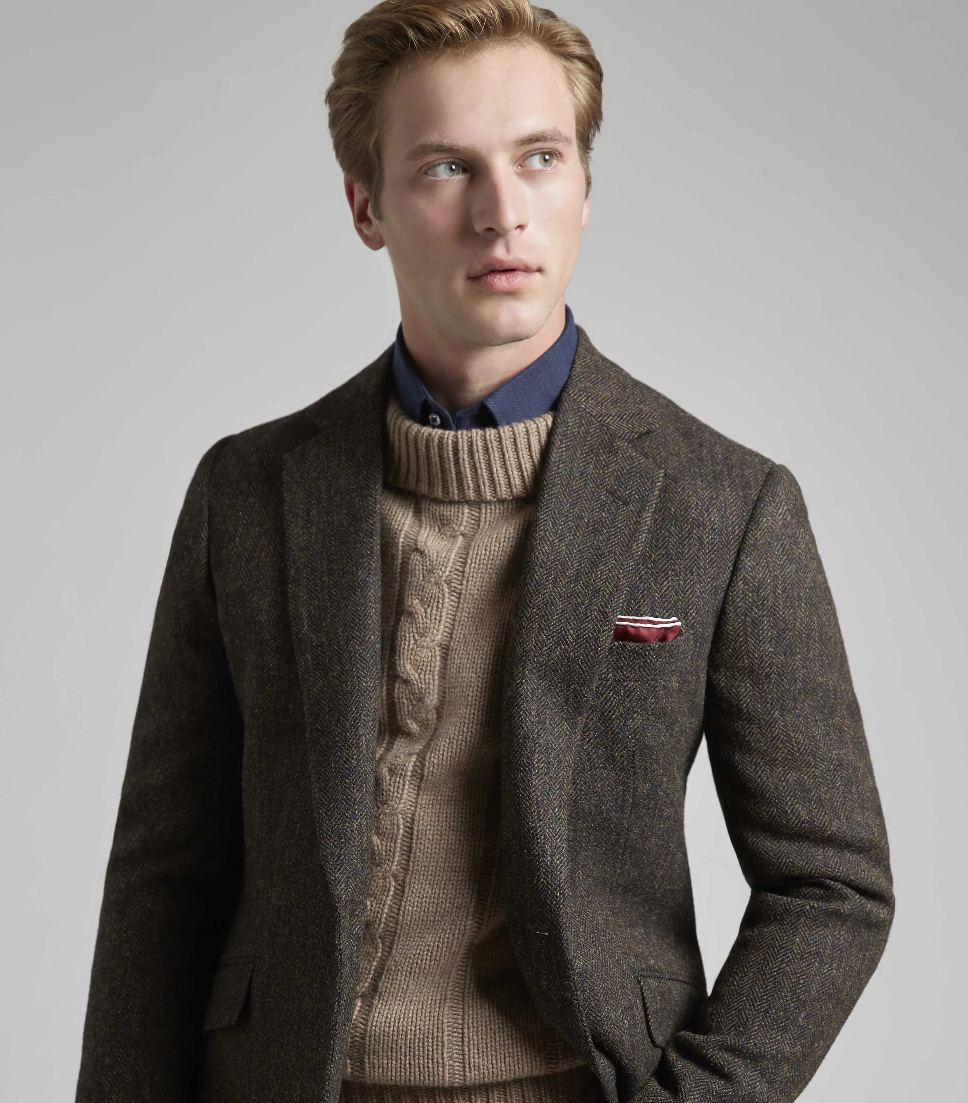 Brown Wool Single Breasted Herringbone Jacket