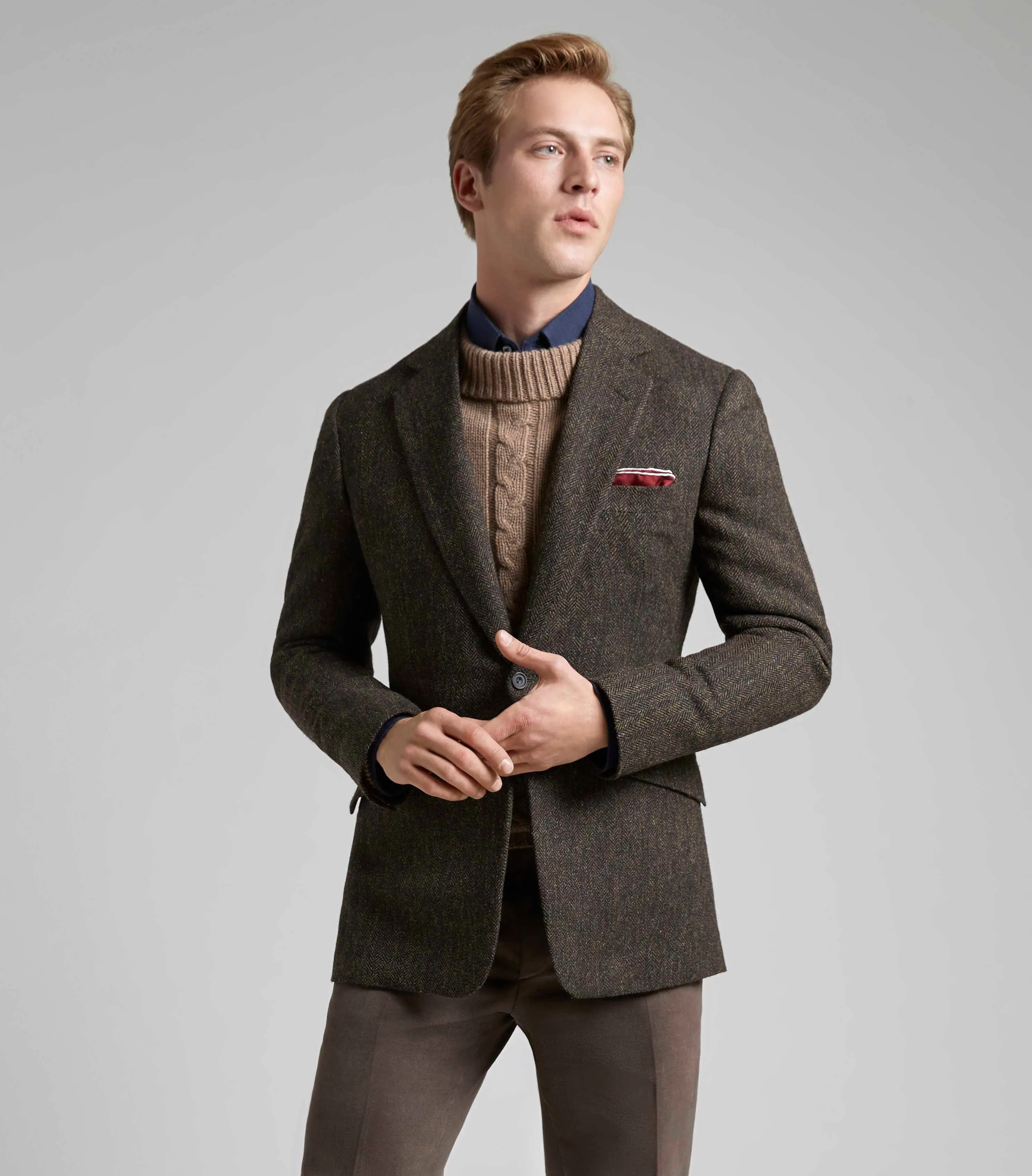 Brown Wool Single Breasted Herringbone Jacket