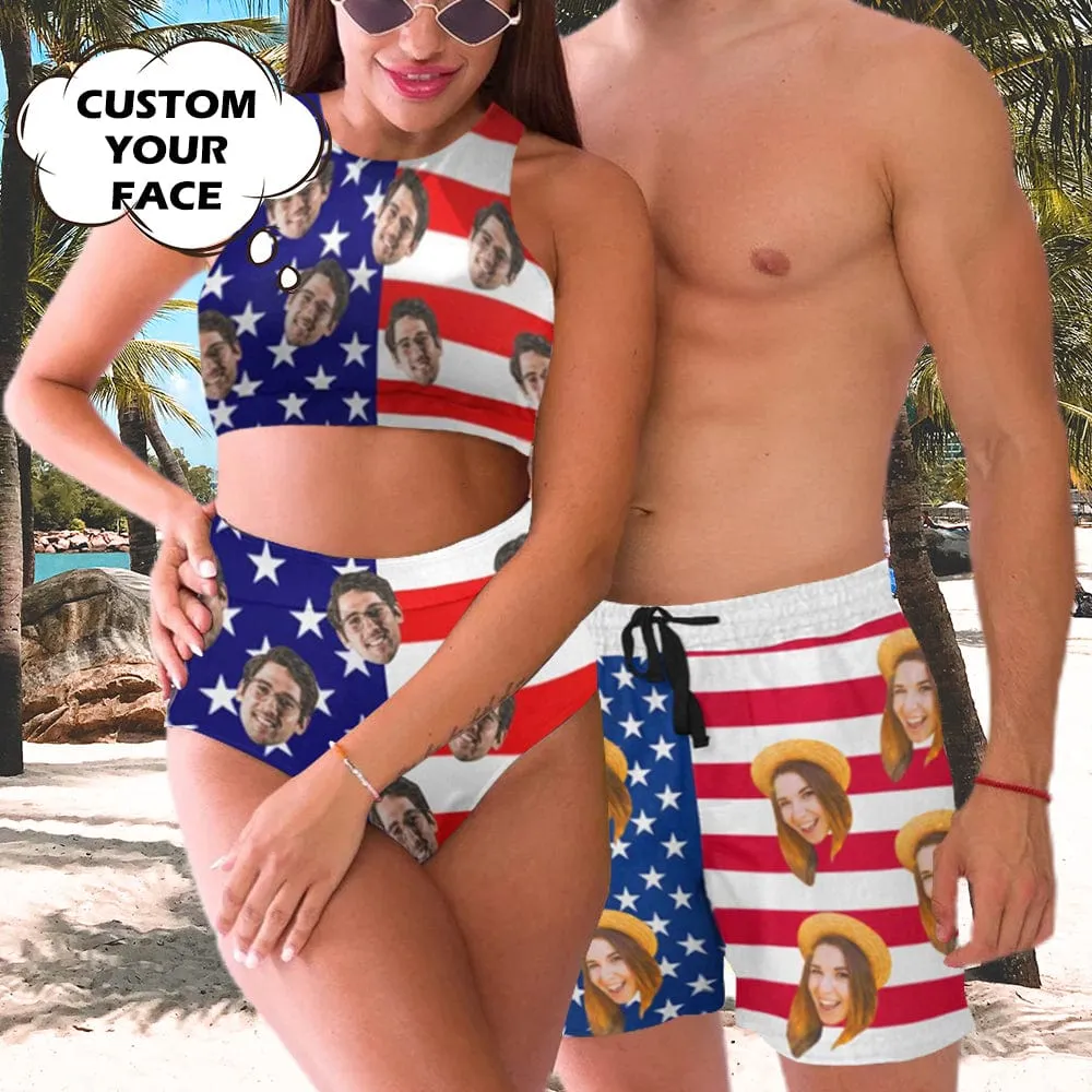 Custom Face American Flag Style A Couple Matching Swimsuit Crew Neck High Waisted Bikini & Swim Shorts Personalized Bathing Suits Beach Outfits