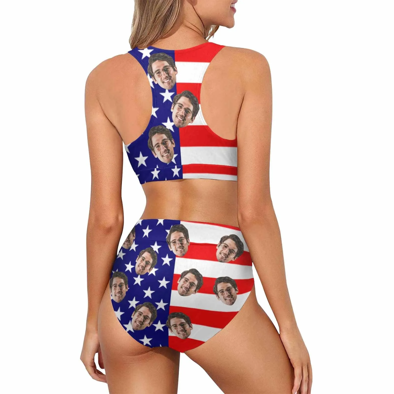 Custom Face American Flag Style A Couple Matching Swimsuit Crew Neck High Waisted Bikini & Swim Shorts Personalized Bathing Suits Beach Outfits