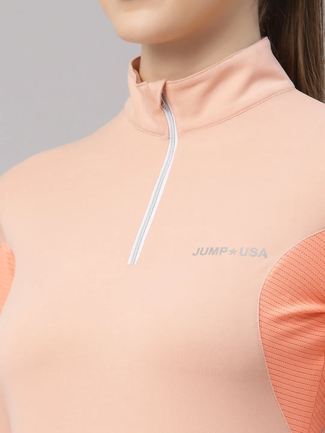 JUMP USA Lifestyle Women Coral & Neon Peech Polyster Stand Collor T-Shirt