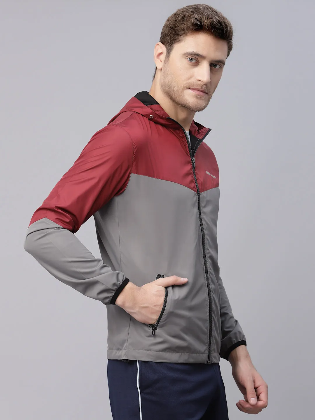 JUMP USA Men Grey Red Solid Active Wear Jacket