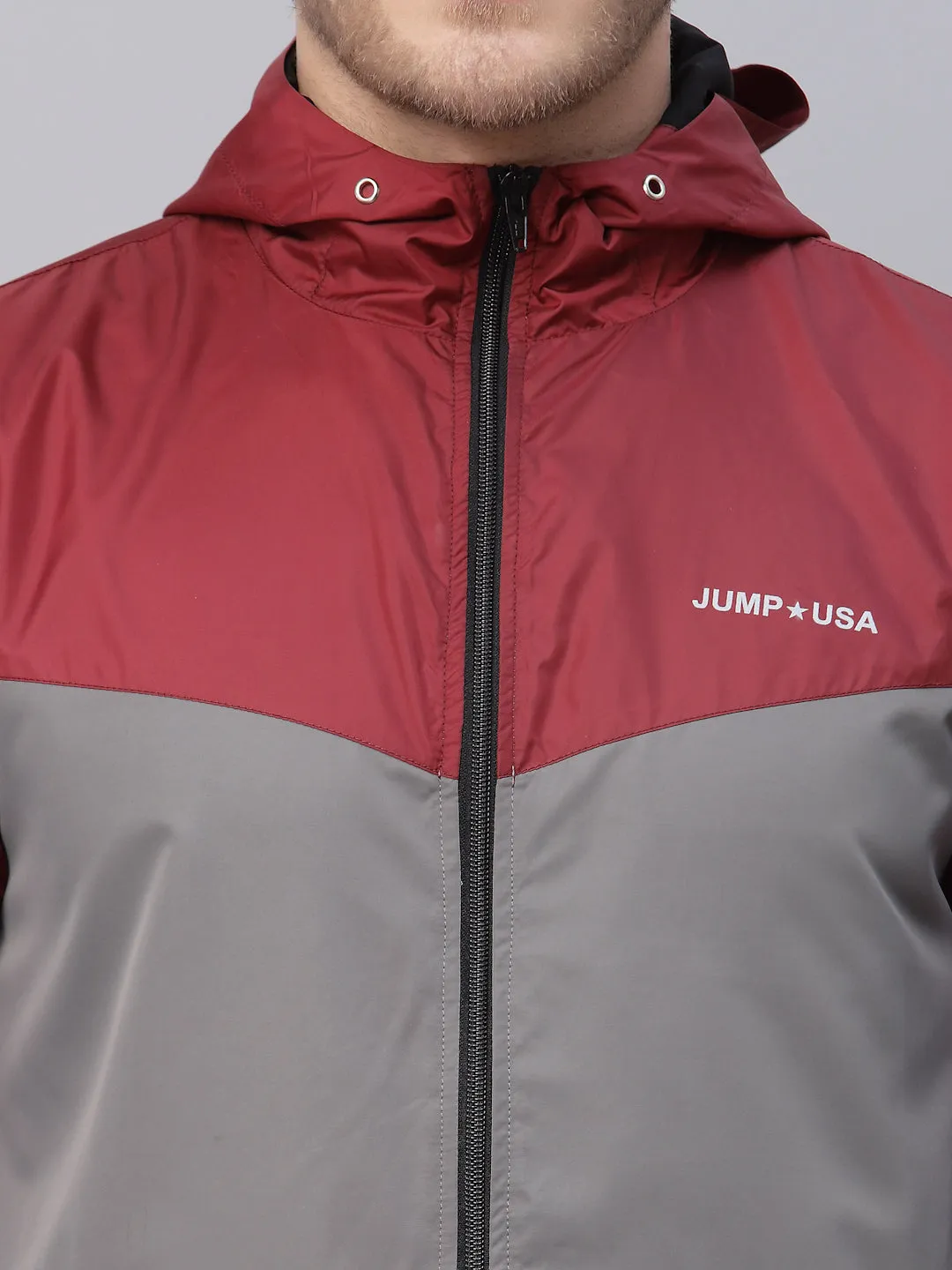 JUMP USA Men Grey Red Solid Active Wear Jacket