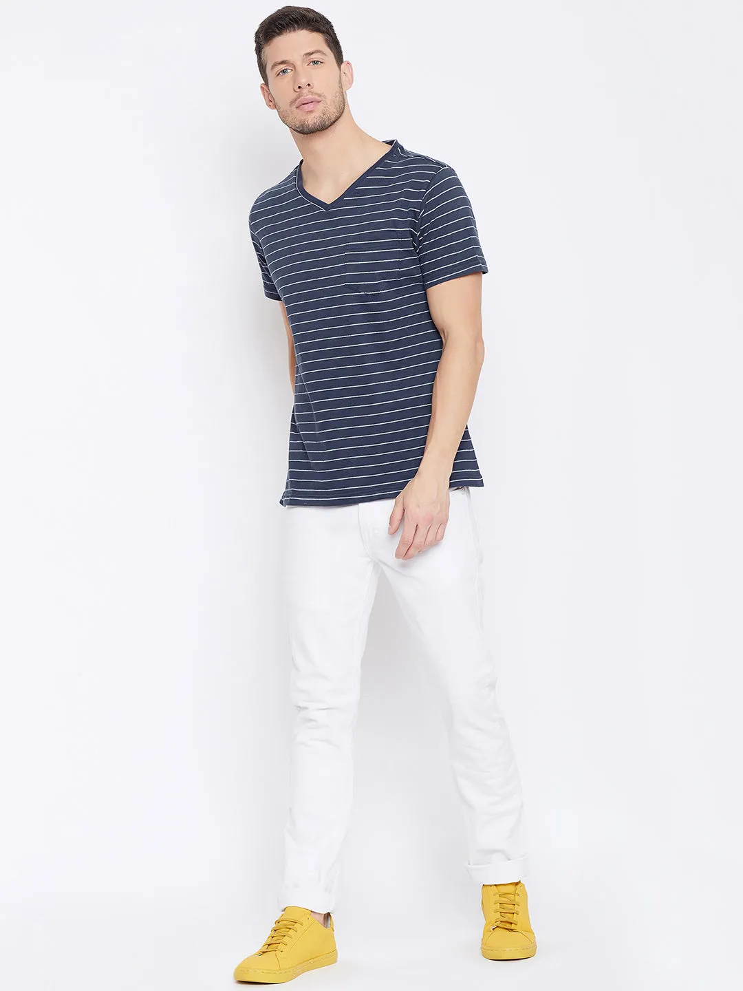 JUMP USA Men Navy Blue Striped V-neck T-shirt