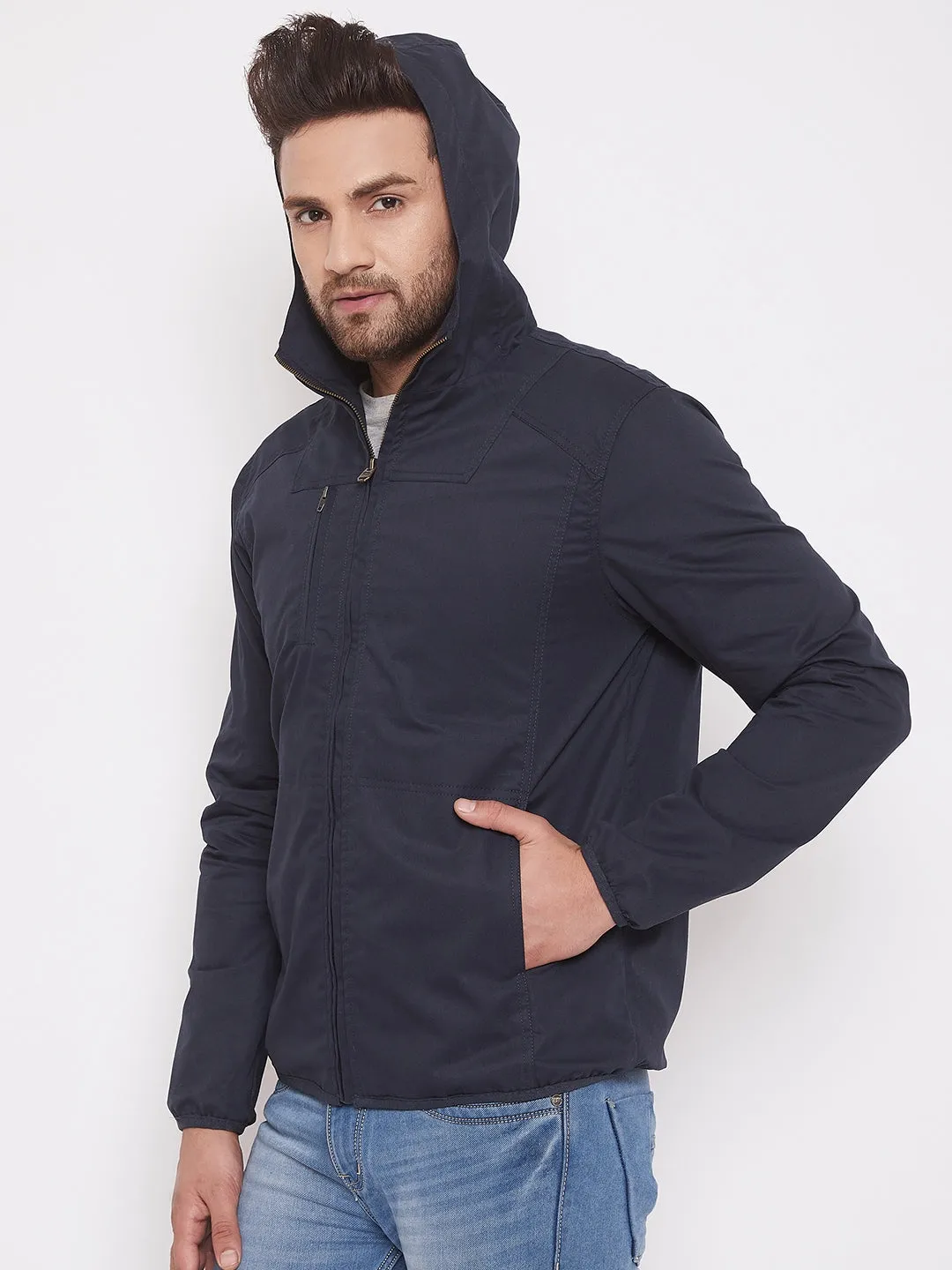 JUMP USA Mens Solid Navy Blue Hood Tailored Jacket