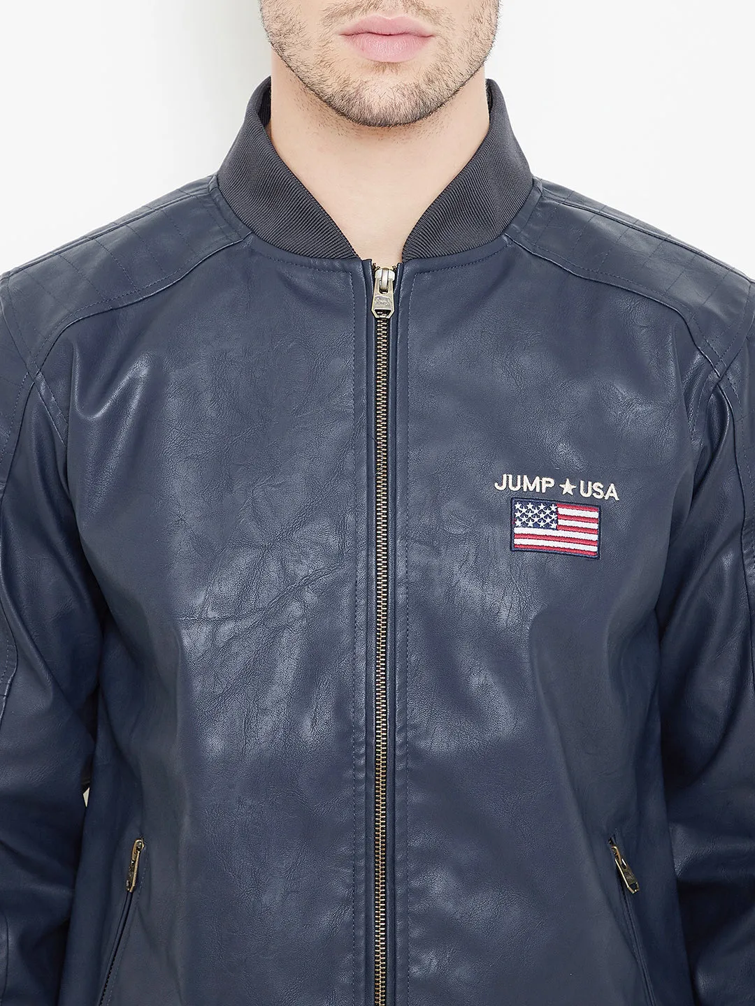 JUMP USA Navy Solid Casual PU Leather Varsity Jacket