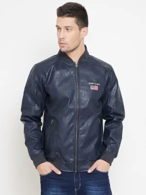 JUMP USA Navy Solid Casual PU Leather Varsity Jacket