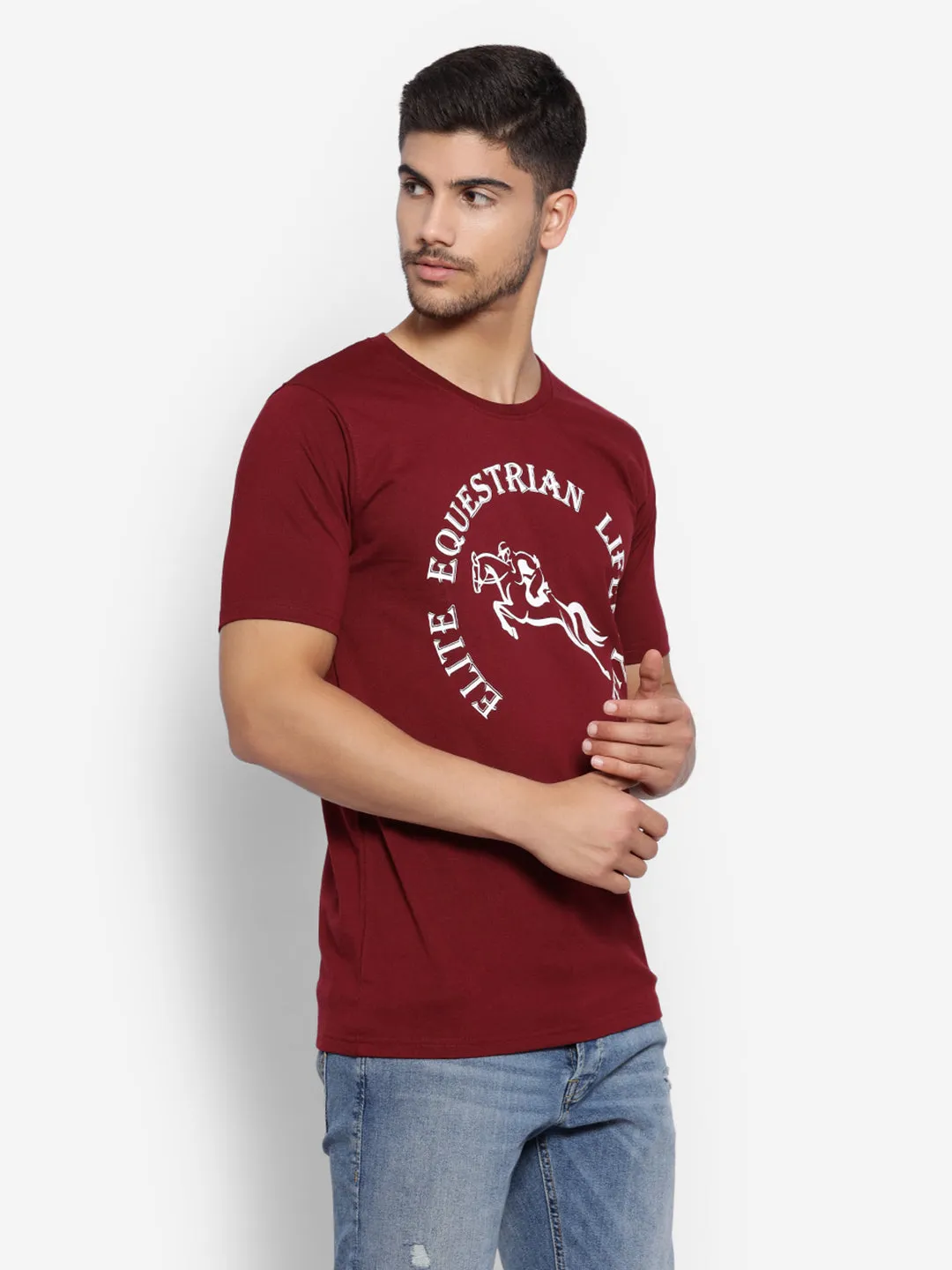 JUMP USA Unisex Maroon Solid Cotton Round Neck Printed T-Shirt