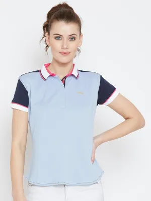 JUMP USA Women Blue & Navy Blue Solid Polo Collar T-Shirt