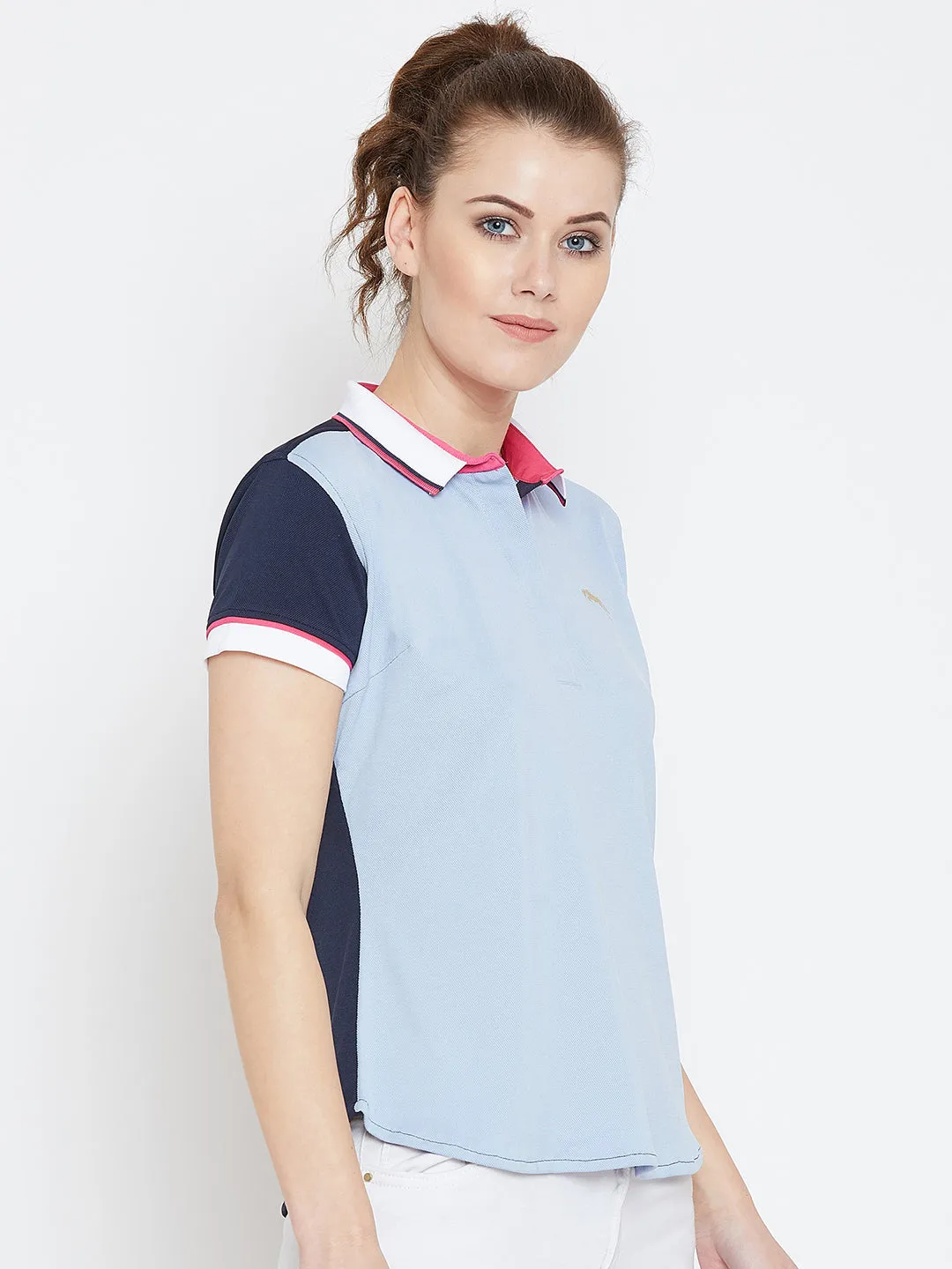 JUMP USA Women Blue & Navy Blue Solid Polo Collar T-Shirt