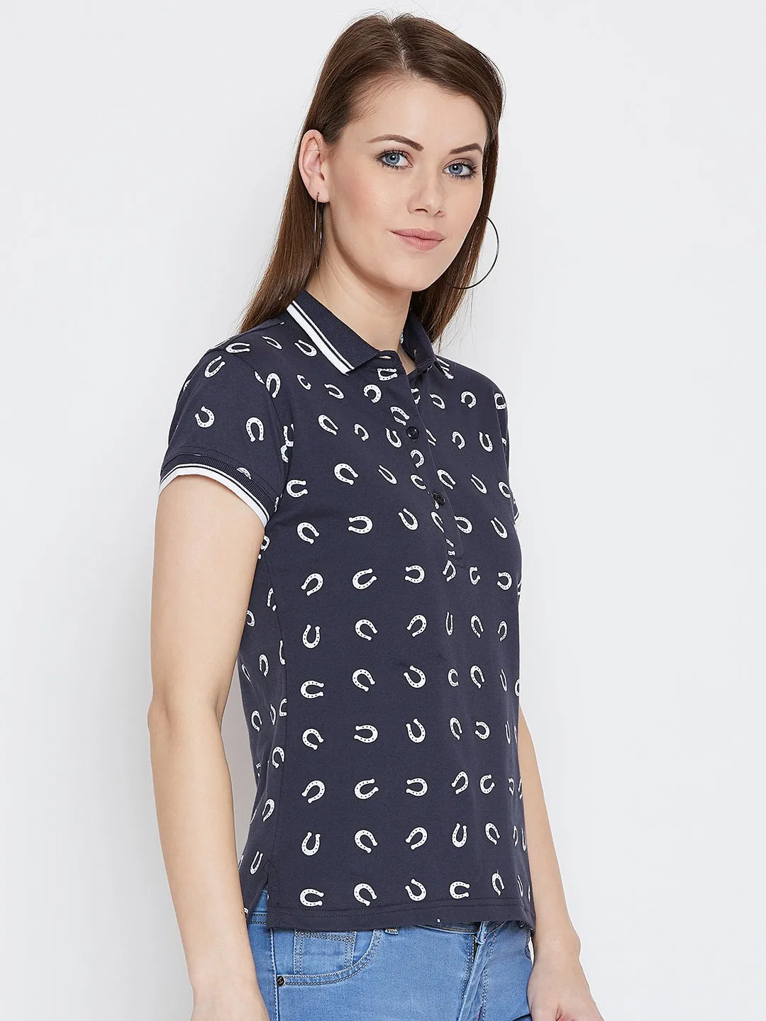 JUMP USA Women Navy Blue Printed Polo Collar T-Shirt