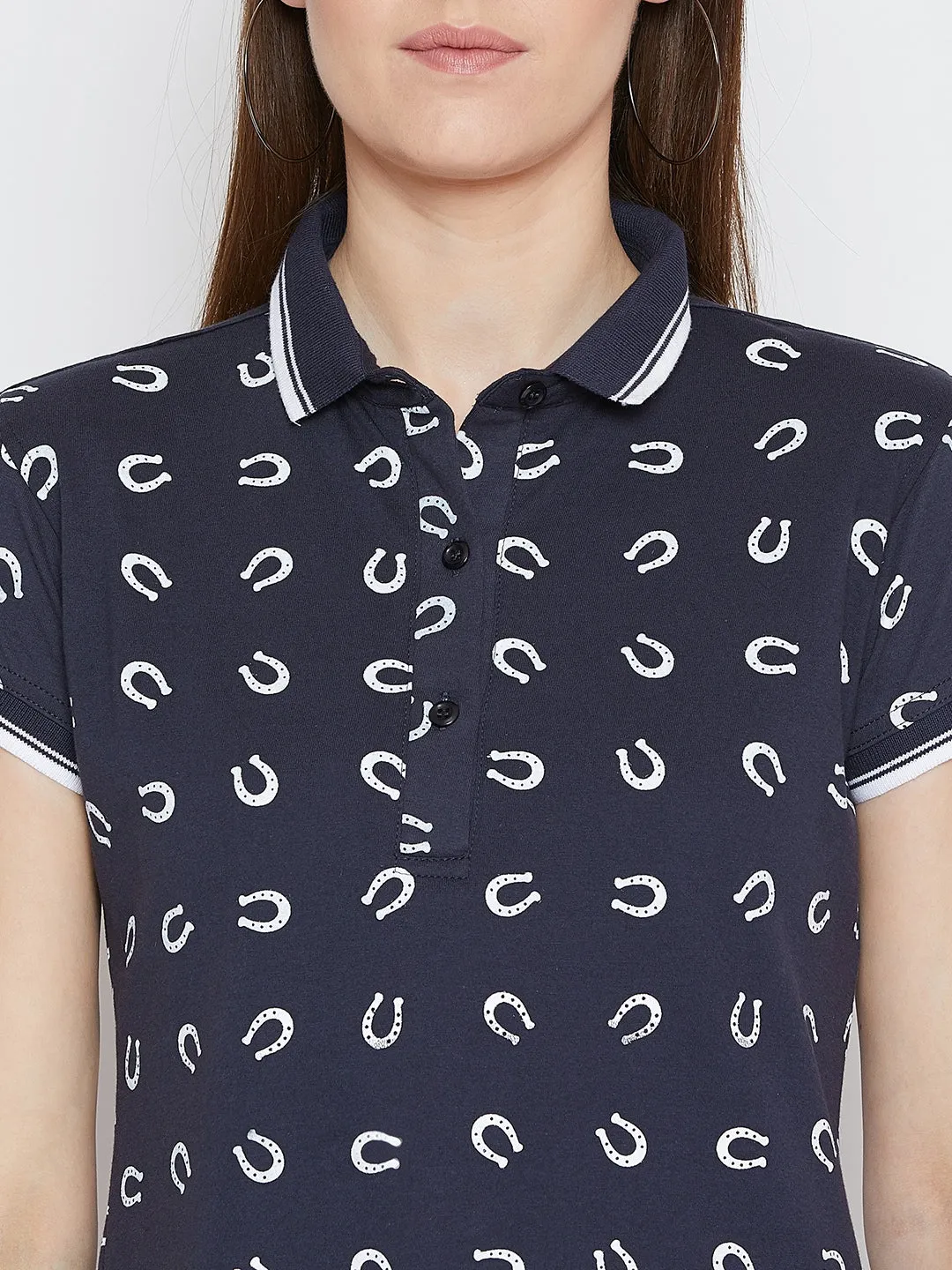 JUMP USA Women Navy Blue Printed Polo Collar T-Shirt