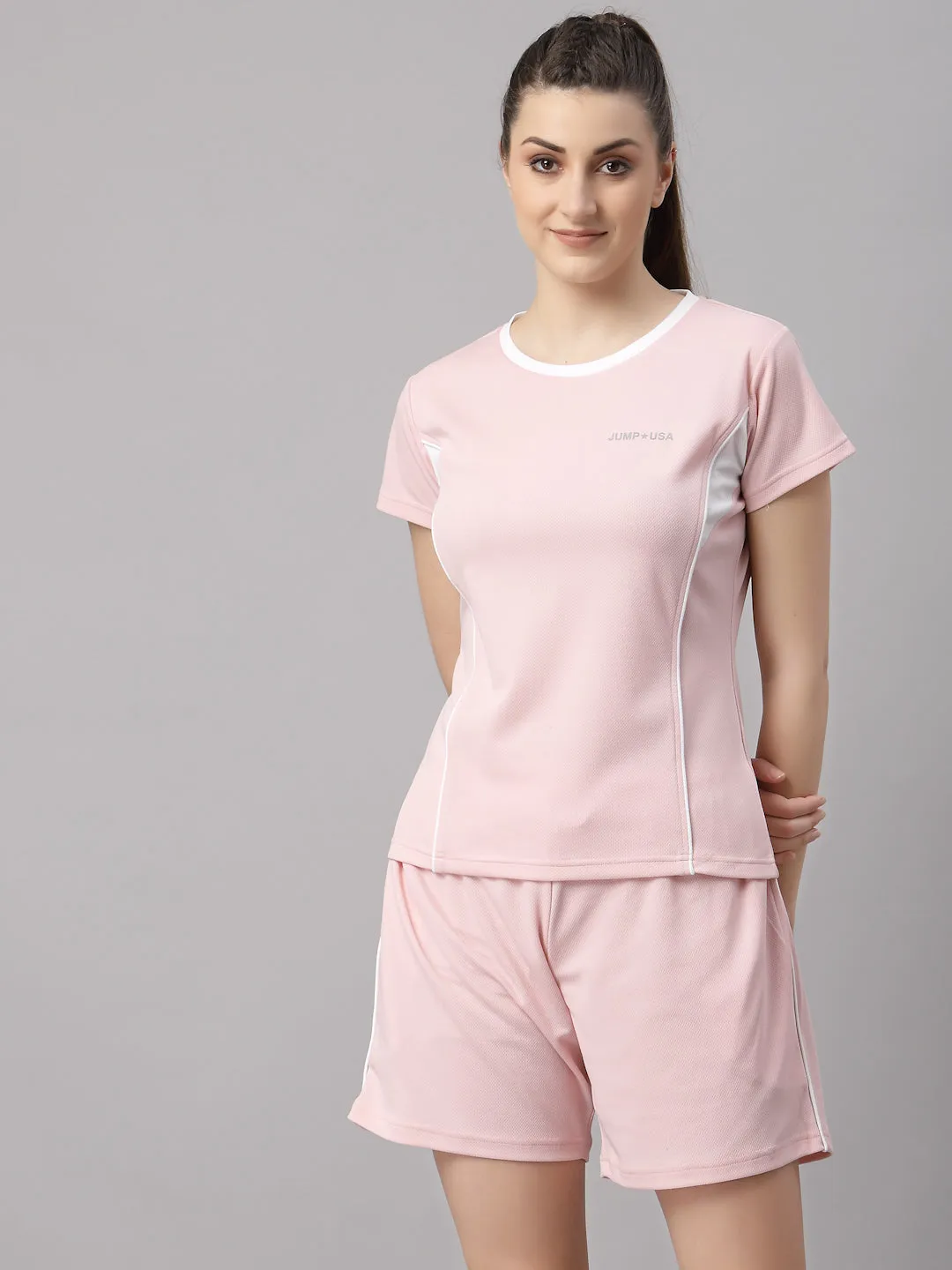 JUMP USA Women Pink & White Solid Rapid-Dry T-Shirt with Shorts