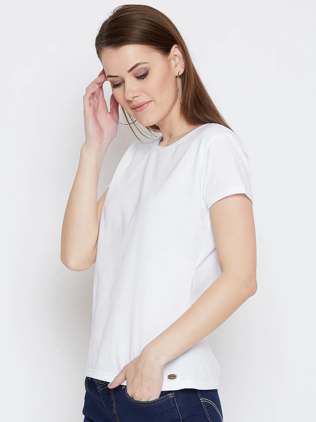 JUMP USA Women White Cotton Solid Casual Round Neck T-shirt