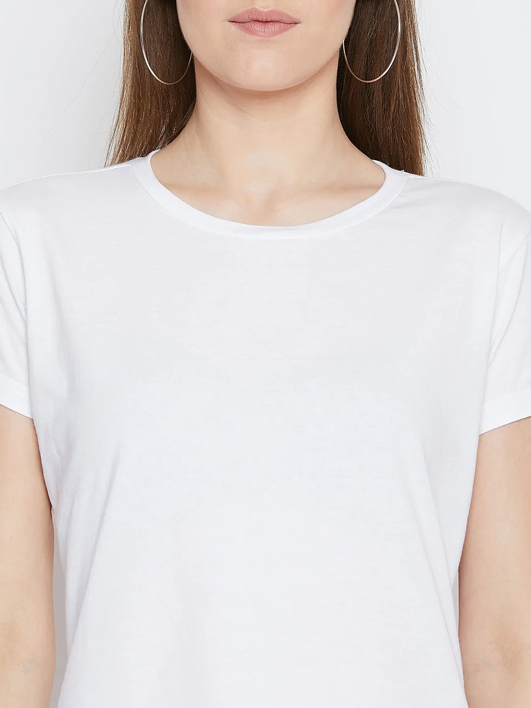 JUMP USA Women White Cotton Solid Casual Round Neck T-shirt