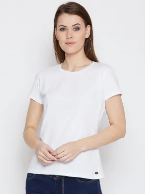 JUMP USA Women White Cotton Solid Casual Round Neck T-shirt