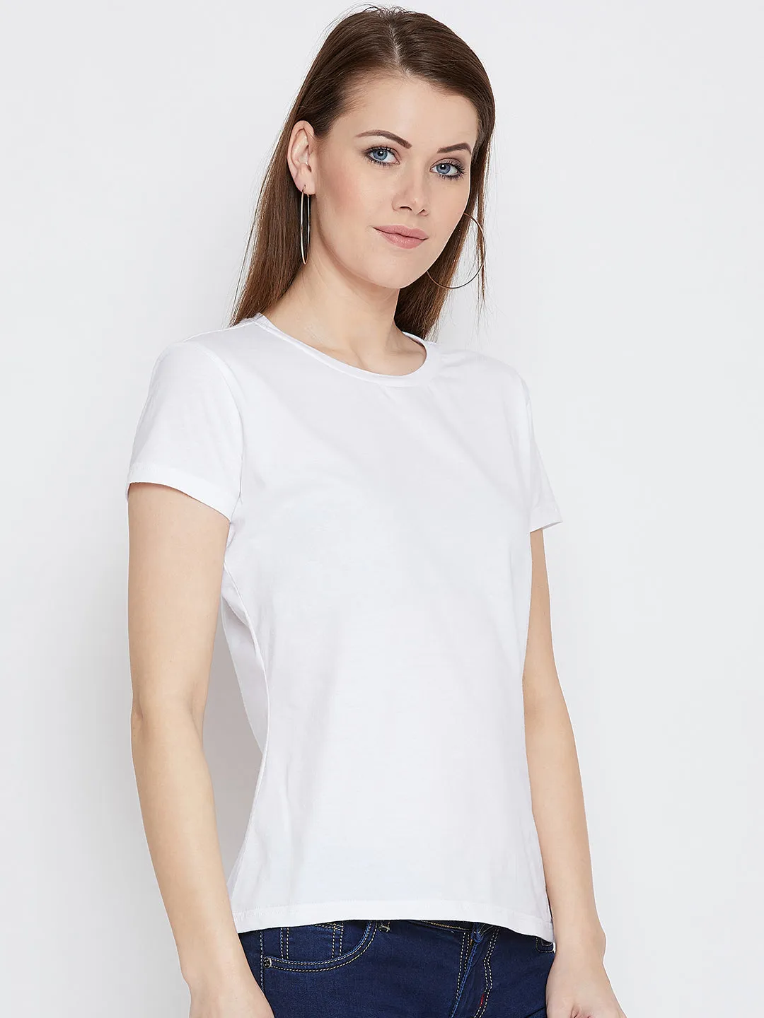 JUMP USA Women White Cotton Solid Casual Round Neck T-shirt