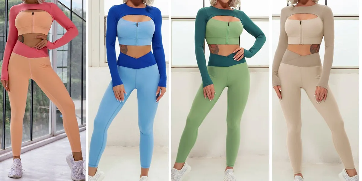 Layered Look Long Sleeve Yoga Crop Top Wrap V Waist Leggings Layered Cut Out Sports Bra Contrast Waist Shorts