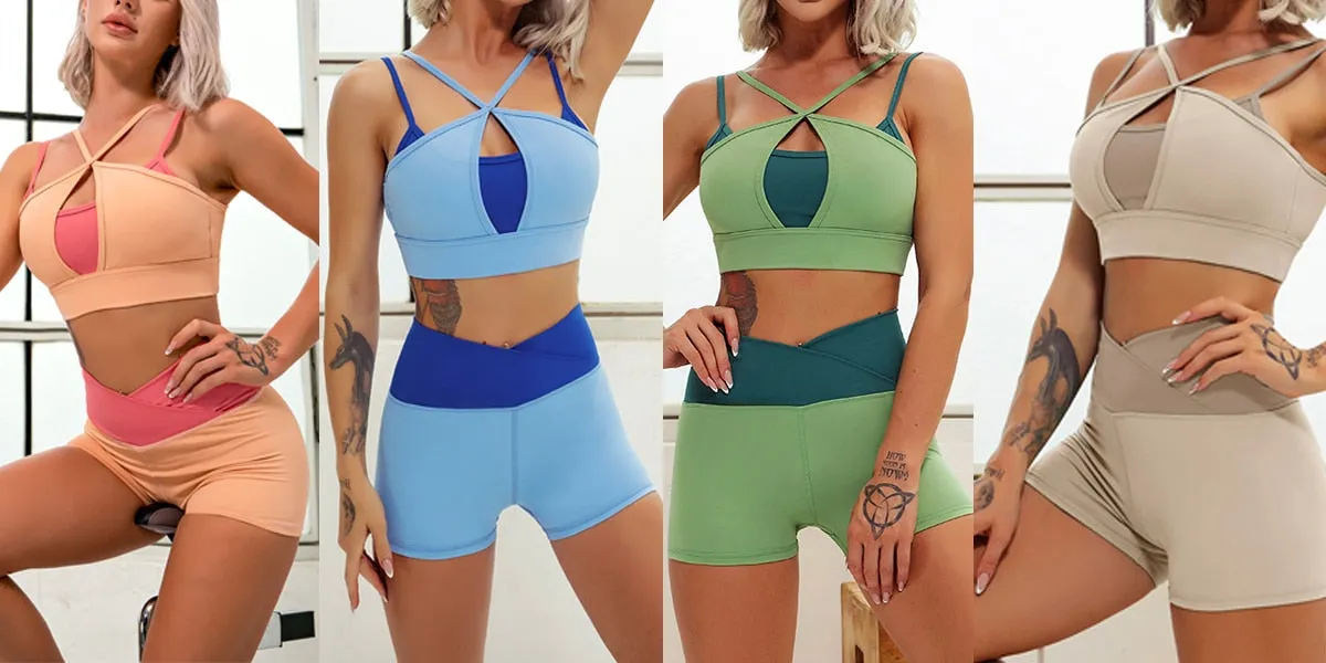 Layered Look Long Sleeve Yoga Crop Top Wrap V Waist Leggings Layered Cut Out Sports Bra Contrast Waist Shorts