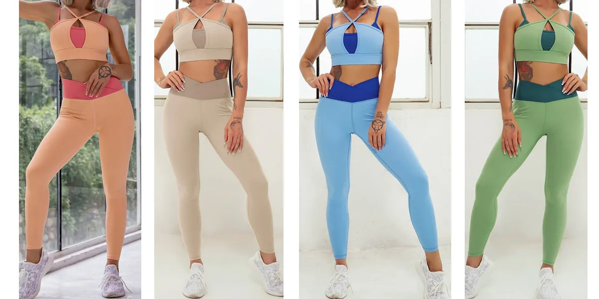 Layered Look Long Sleeve Yoga Crop Top Wrap V Waist Leggings Layered Cut Out Sports Bra Contrast Waist Shorts