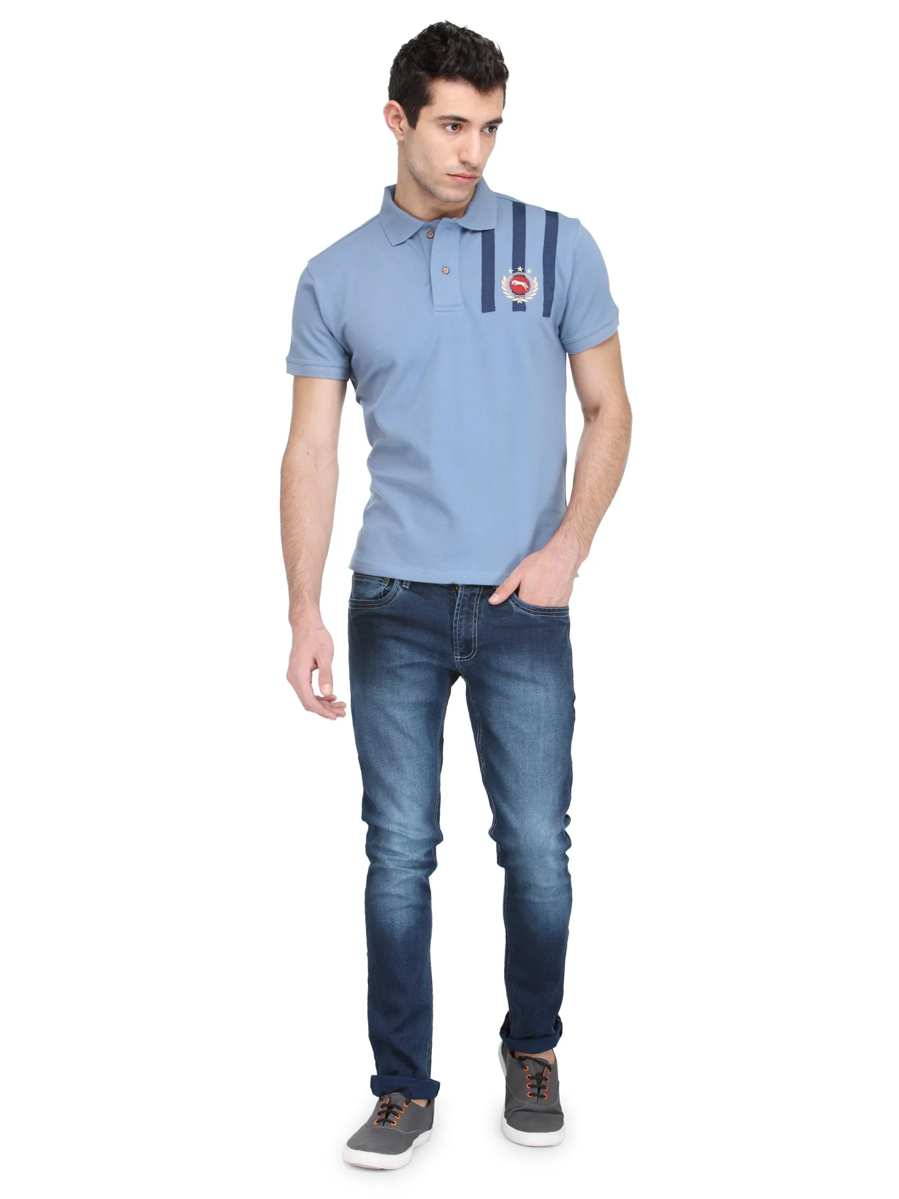 Men Cornflower Blue Cotton & Spandex T-Shirt