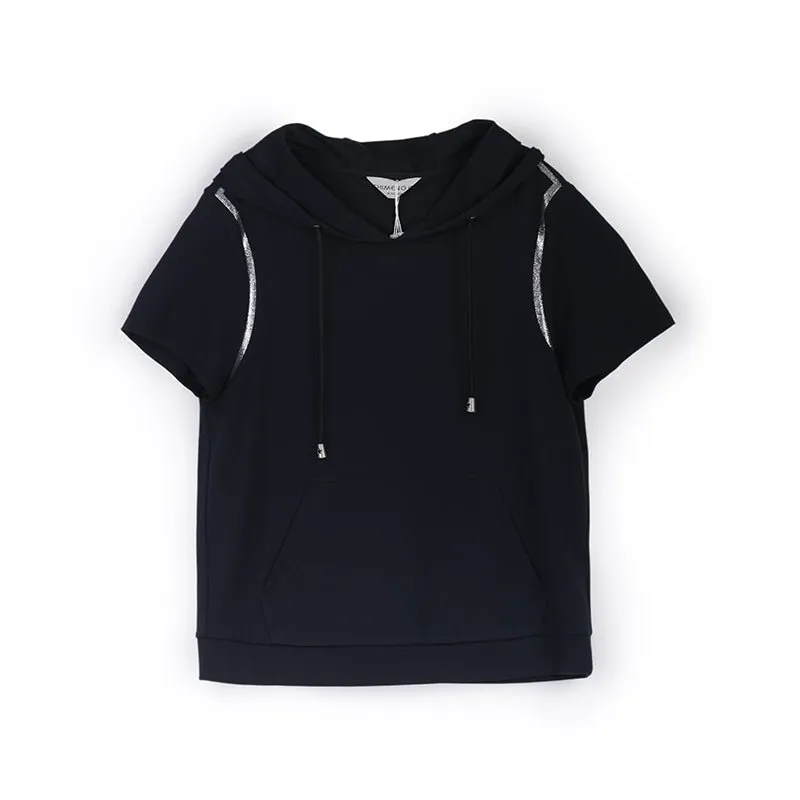 Navy Blue Short Sleeve Hooded Casual T-Shirt