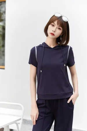 Navy Blue Short Sleeve Hooded Casual T-Shirt