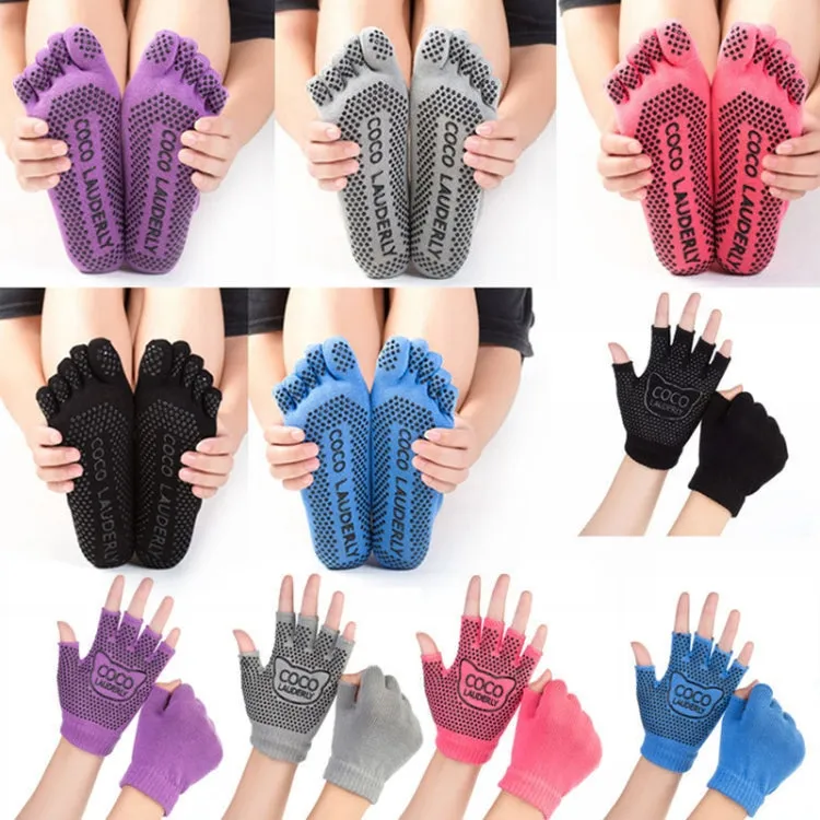 Non-slip Open Finger Yoga Sports Gloves Five Finger Yoga Socks Set, Size: One Size(Open Toe Red)