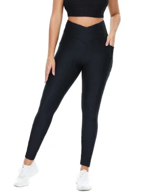 Solid Color Four-way Stretch Striped Wide Waistband Sports Leggings With Pocket