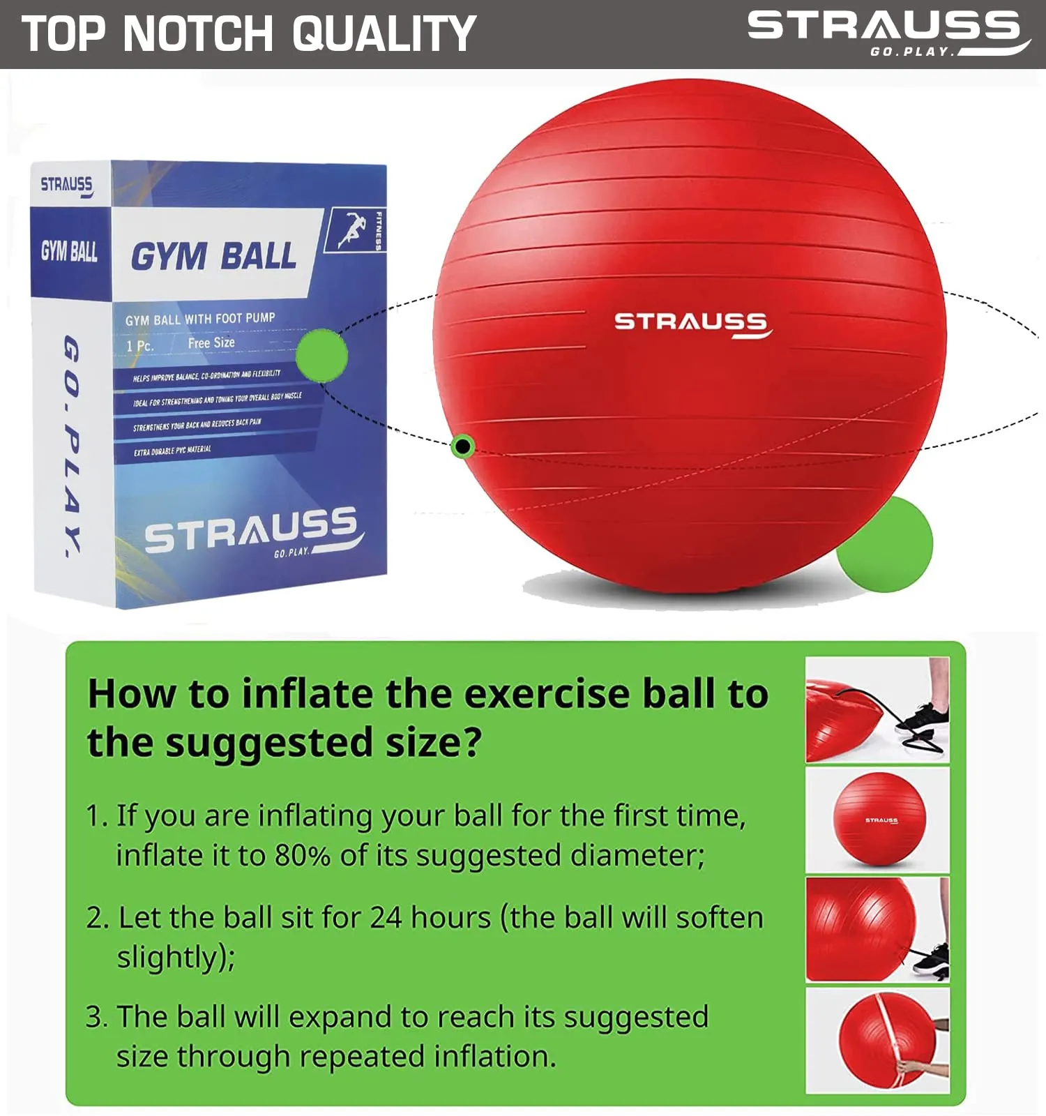 STRAUSS Anti-Burst Rubber Gym Ball with Free Foot Pump | Round Shape Swiss Ball for Exercise, Workout, Yoga, Pregnancy, Birthing, Balance & Stability, 65 cm, (Red)