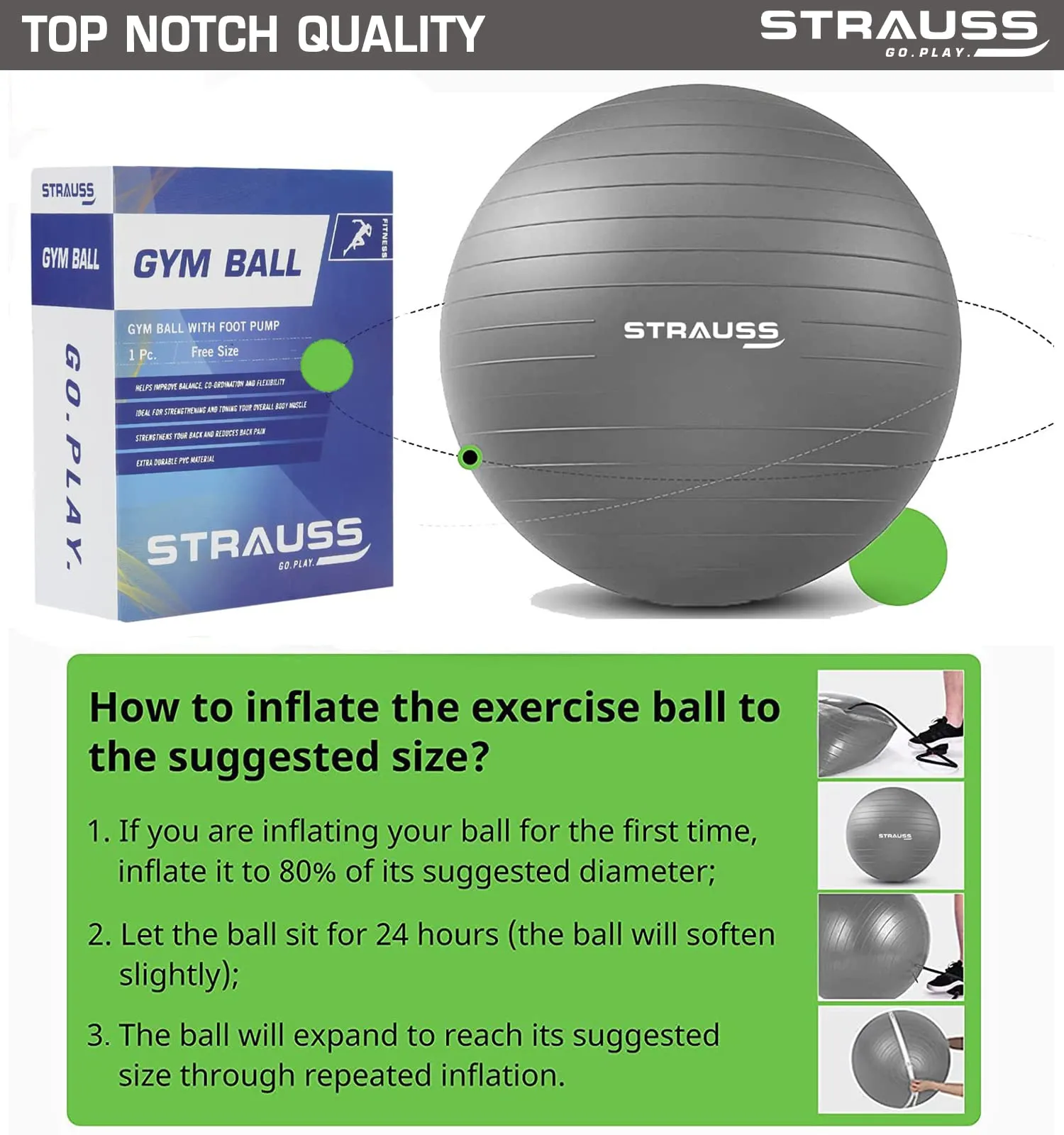 STRAUSS Anti-Burst Rubber Gym Ball with Free Foot Pump | Round Shape Swiss Ball for Exercise, Workout, Yoga, Pregnancy, Birthing, Balance & Stability, 75 cm, (Grey)