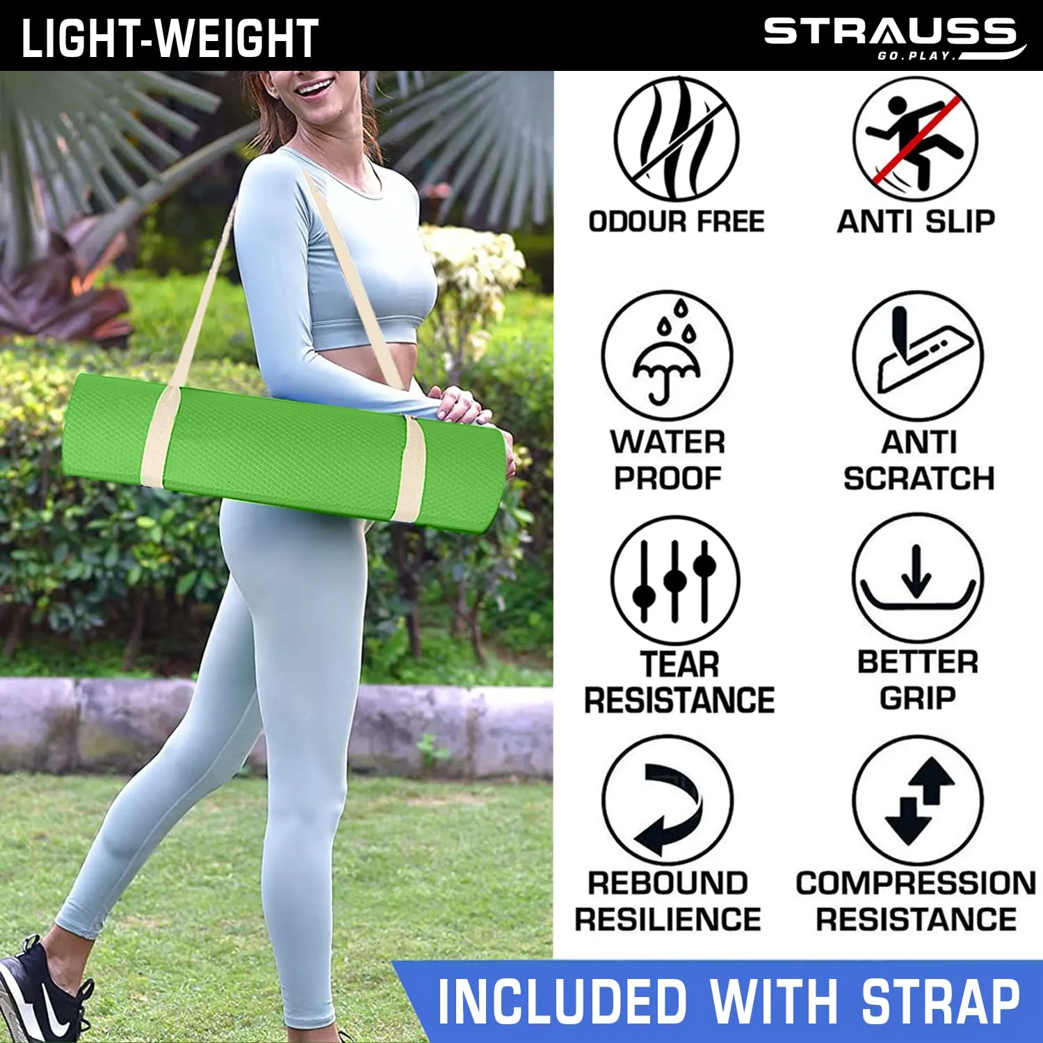 STRAUSS EVA Yoga Mat with Carry Strap | Non-Slip Exercise Mat for Home & Gym | Eco-Friendly, Lightweight & Durable Workout Mat | Ideal for Yoga, Pilates, Fitness | Ideal for Men & Women,8mm,(Green)